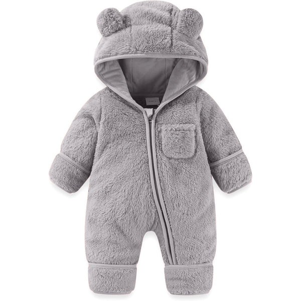 Boys and girls European and American spring and autumn winter solid color hooded plush bear shape one-piece romper children's clothing ins