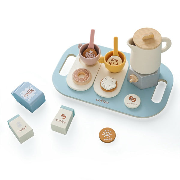 Kids Pretend Kitchen Set – Wooden Coffee Maker Teapot  Donut & Teacup Afternoon Tea Toy Set