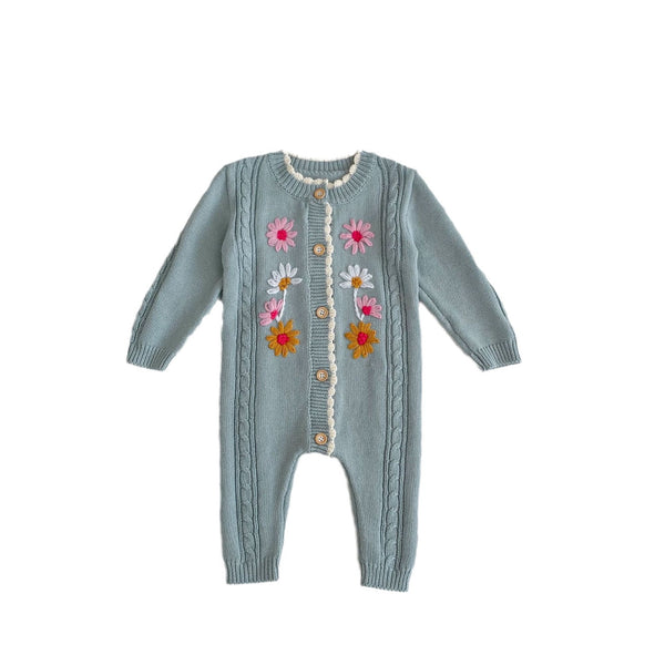 0-2 years old baby girls' handmade embroidered knitted long jumpsuit, fresh style crawling outfit.