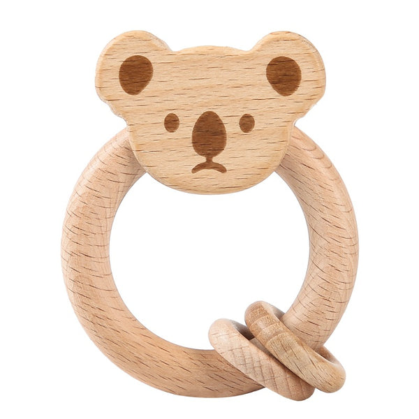 Natural Teething Toys for Babies – Unpainted Beechwood Animal Teether Ring, Baby Chew Toy, Soothing Teether for Infants, Eco-Friendly Wooden Baby Shaker Rattle