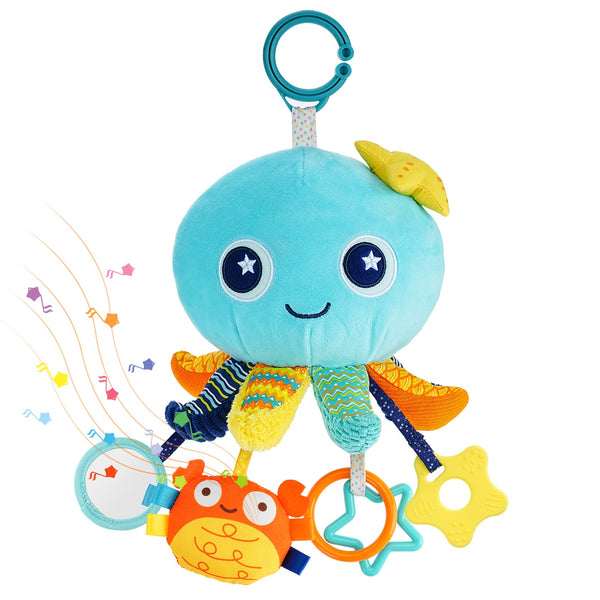 Infant Baby Musical Stuffed Animal Activity Soft Toy – Octopus Teething Toy with Multi-Sensory Crinkle Rattle Mirror Pull Rings for Babies 0-12 Months – Perfect Christmas or Birthday Gift