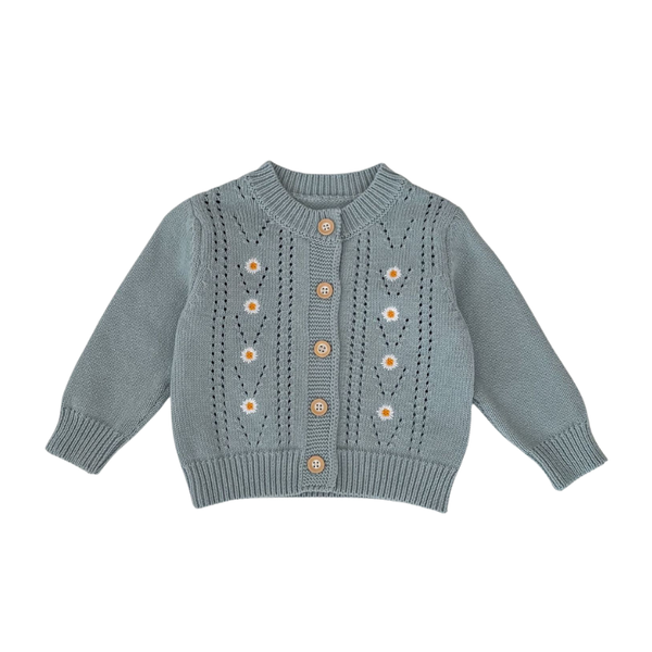 Daisy-Embroidered Knit Set | Dusty Blue Cardigan + Lace Knit Dress | 0-3Y Baby Girls (Fall/Winter)