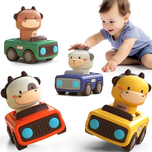 iPlay iLearn Press and Go Car Toys for Toddlers 1-3 - Baby Animal Racing Cars & Infant Play Vehicle Set