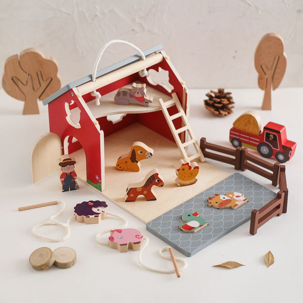 Toddlers Portable Montessori Education Toys Set – Wooden Farm Sorting Barn with Play Pieces