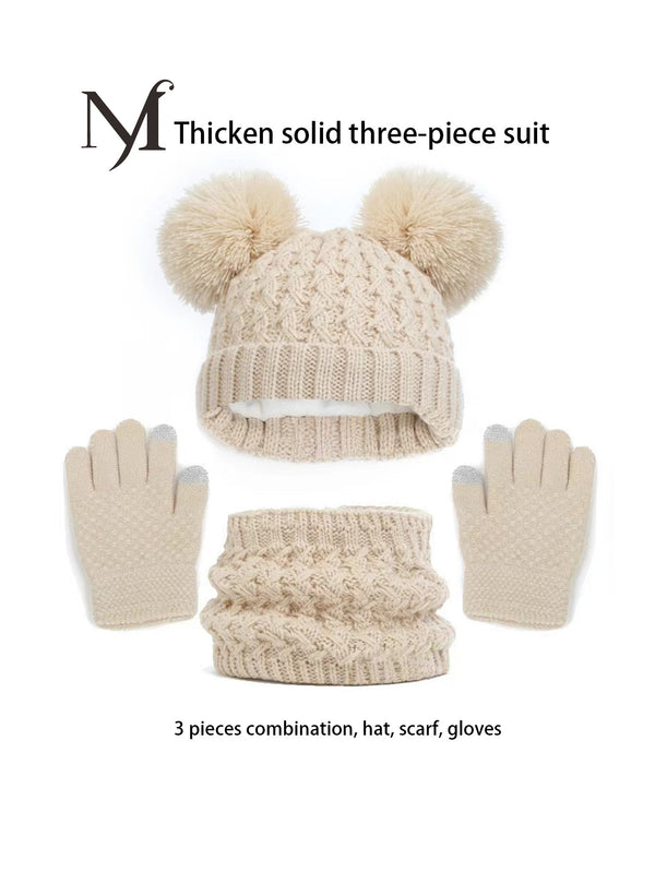 Winter Knit Hat with Pom-Poms, Scarf & Mittens Set for Babies & Kids – Fleece-Lined 3-Piece Set