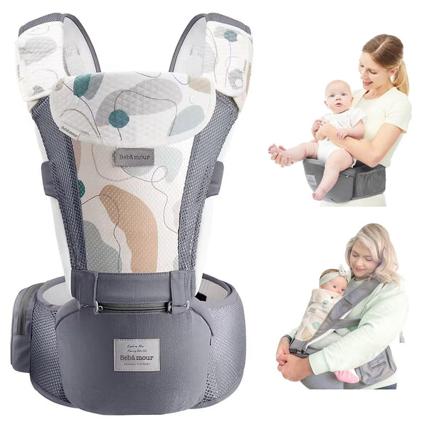 Bebamour Baby Carrier – 2-in-1 Hip Seat & Carrier Front and Back Carry Adjustable with Head Hood Teething Pads Waist Extenders & Storage Bag (Grey) for 0-36 Months